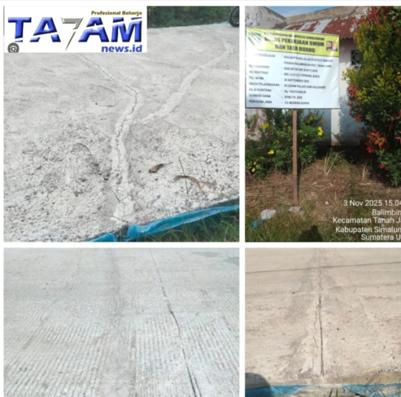 Pembangunan Proyek Rabat beton di Simpang Pondok Preman Balimbingan terkesan asal jadi. - www.tajamnews.co.id