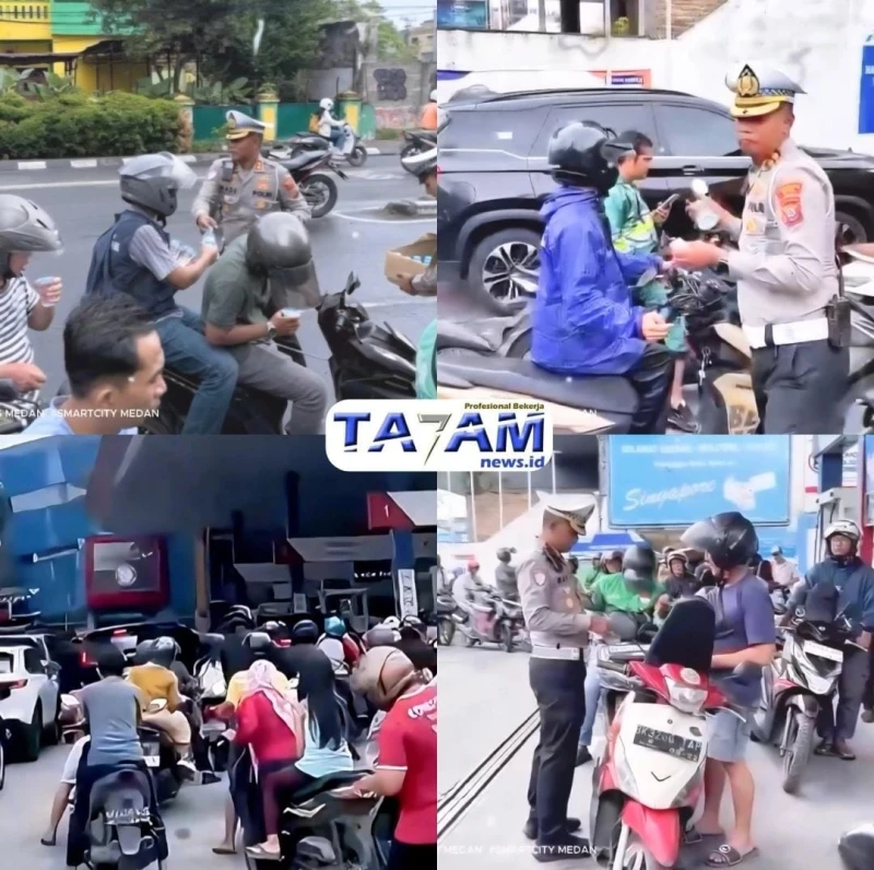 Satlantas Polrestabes Medan Bagikan Air Mineral Kepada Pengantri BBM di SPBU Pertamina 142011166 Singapore Station 2 - TajamNews