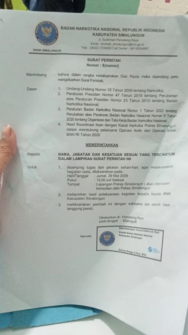 Sprin Diterbitkan Bulan Mei, BNN Simalungun Baru Razia Sebulan Kemudian, Pelaku Usaha: Razia Tidak Sah - www.tajamnews.co.id
