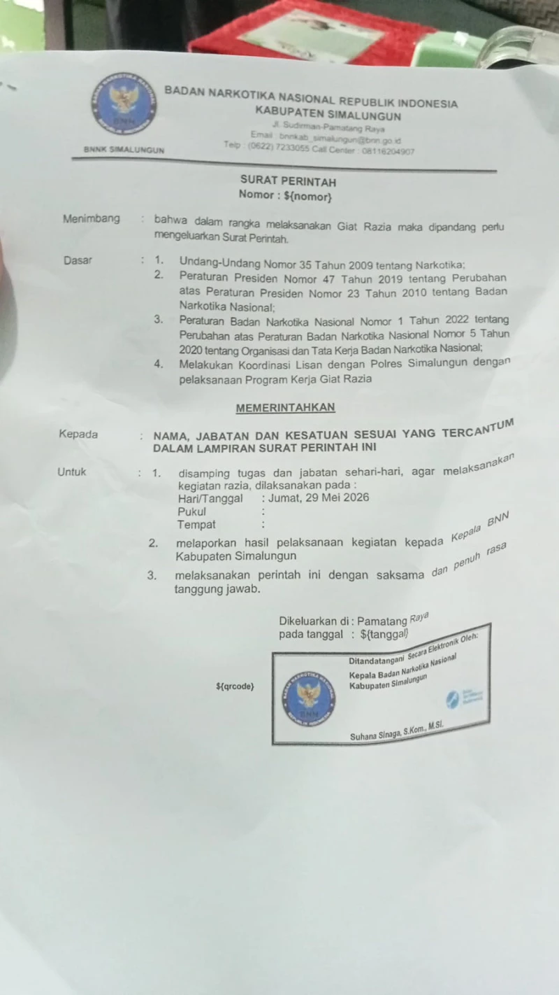 Sprin Diterbitkan Bulan Mei, BNN Simalungun Baru Razia Sebulan Kemudian, Pelaku Usaha: Razia Tidak Sah - TajamNews