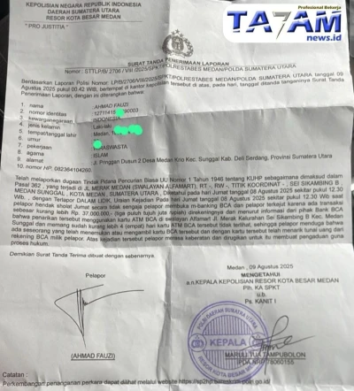 Wiraswastawan Medan Kehilangan Rp37 Juta, ATM Hilang Diduga Digunakan Pelaku Pencurian - www.tajamnews.co.id